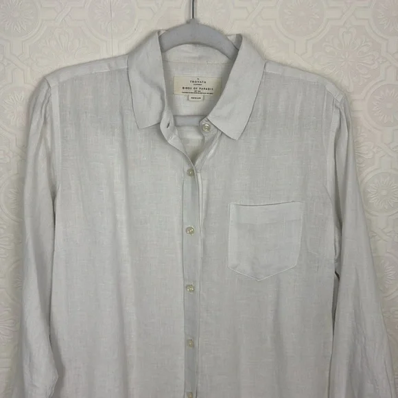 Trovata Birds of Paradis 100% Linen Tunic Dress Button Up Pockets White Shirt - Picture 2 of 11
